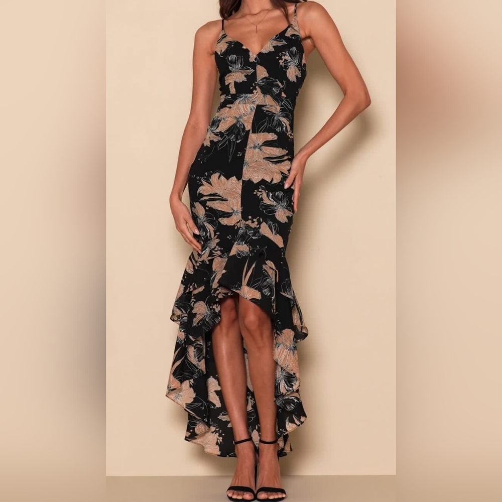 Lulu's Black and Tan High Low Floral Dress Sz M